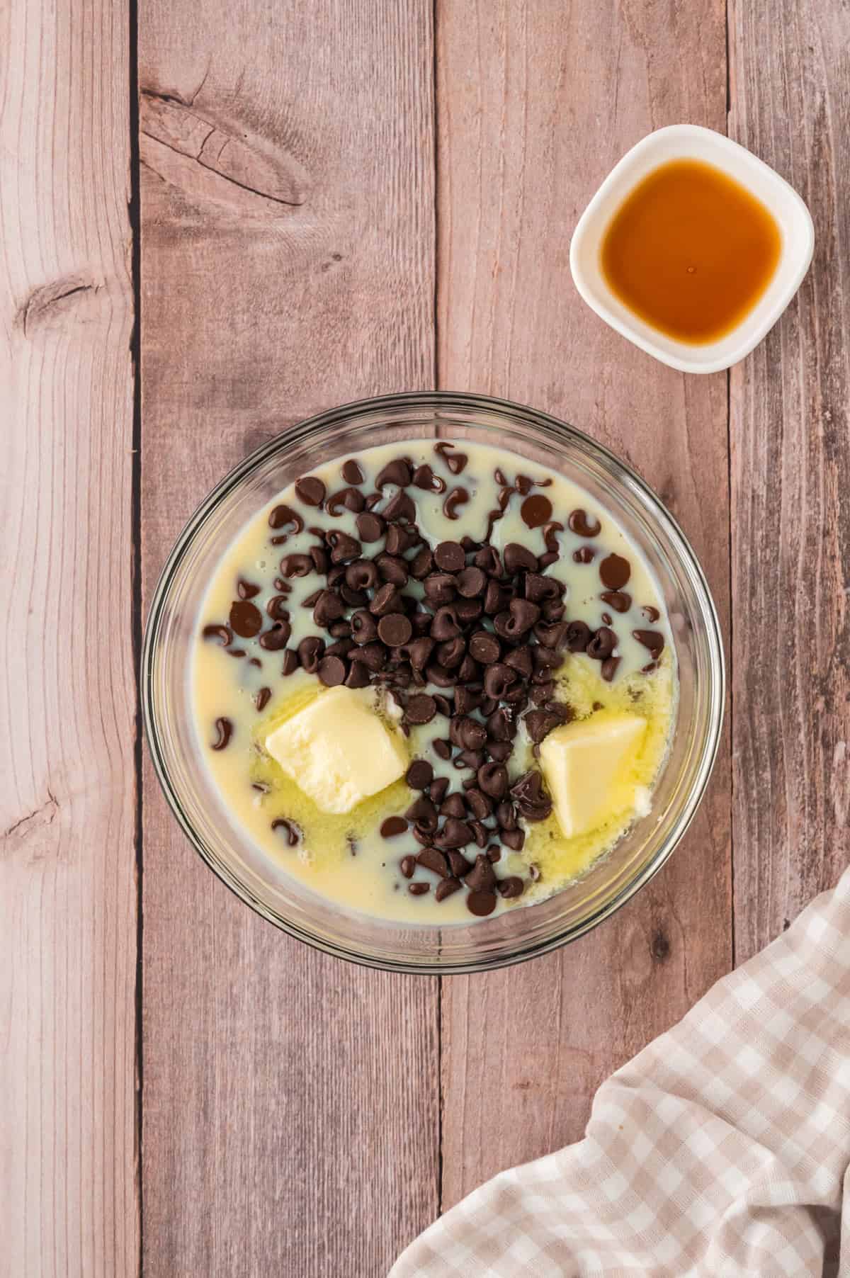 Ingredients for chocolate fudge in bowl.