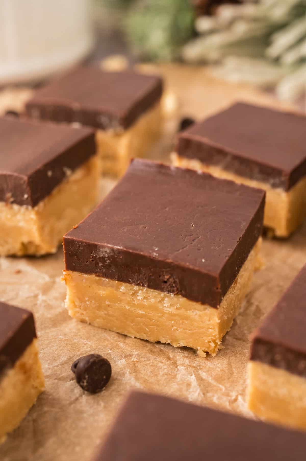 Slices of chocolate peanut butter fudge on counter.