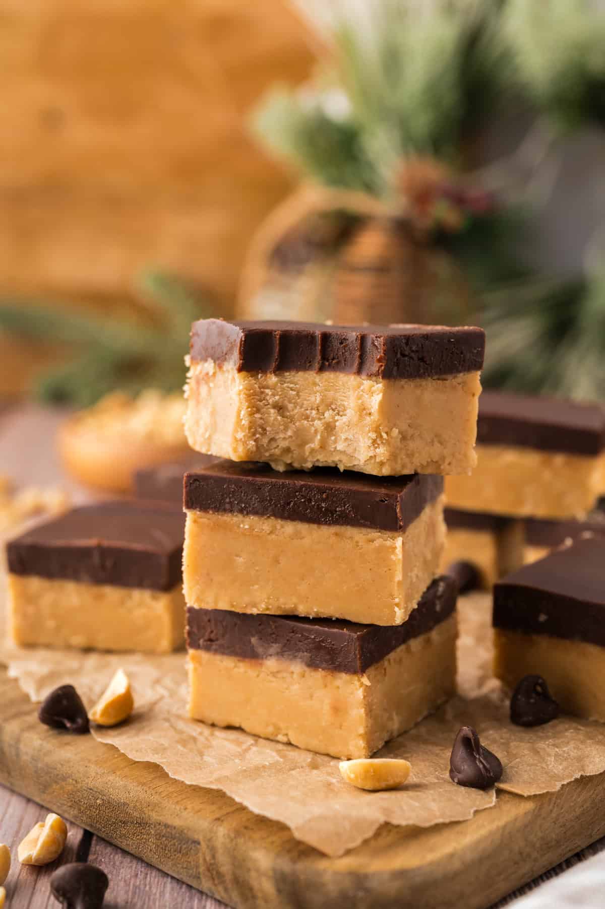 Stack of chocolate peanut butter fudge.