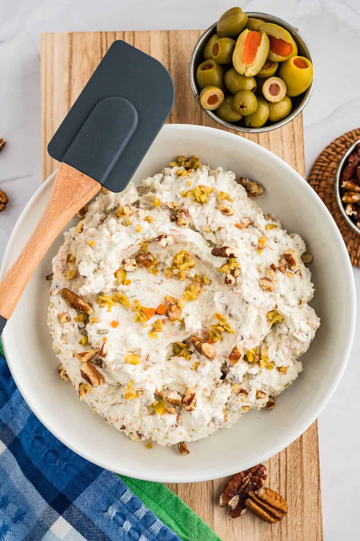 Olive spread in mixing bowl.