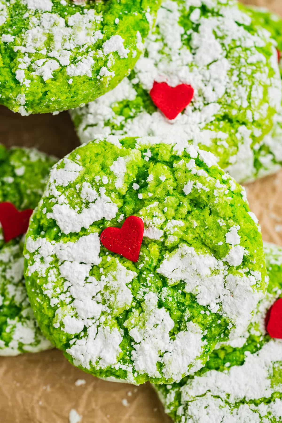 Grinch Cool Whip Cookies piled together.