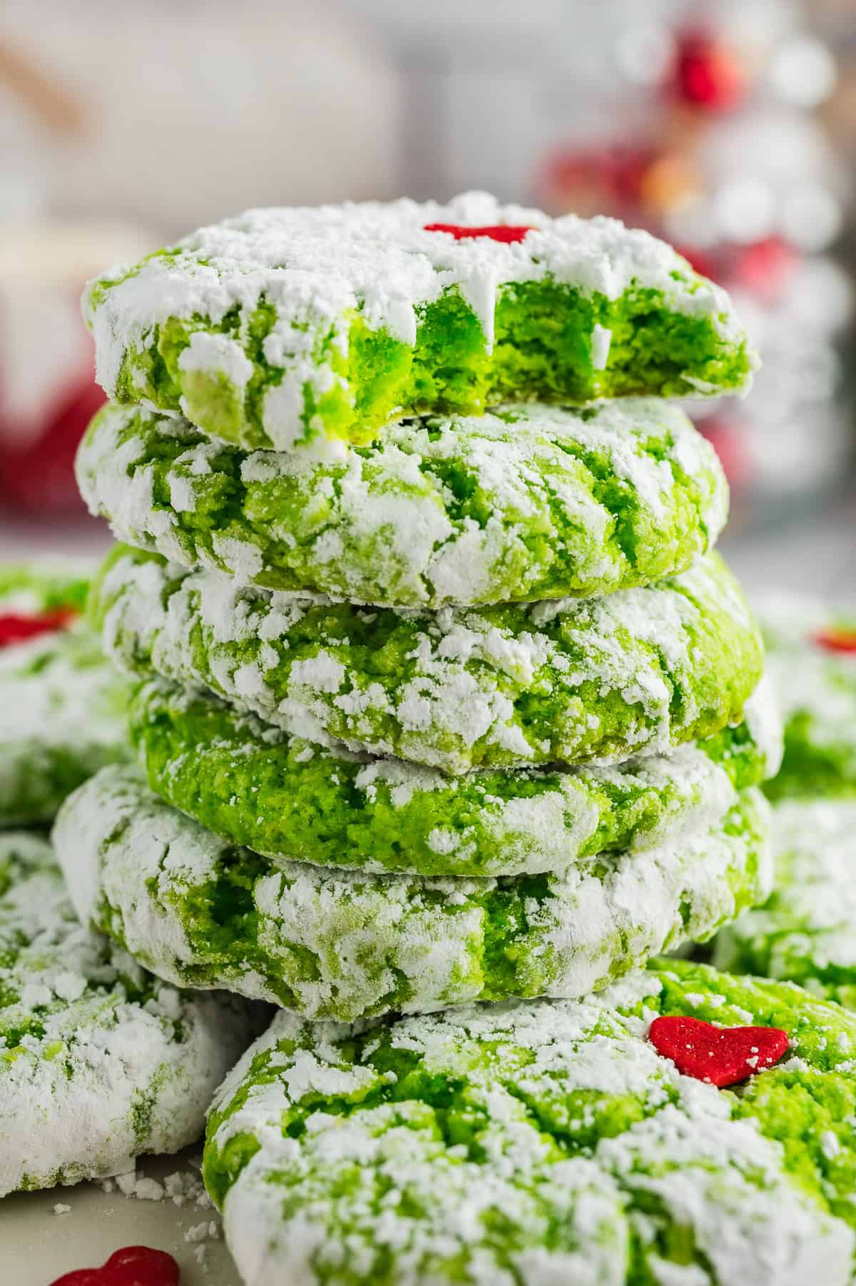 Stack of grinch cookies.