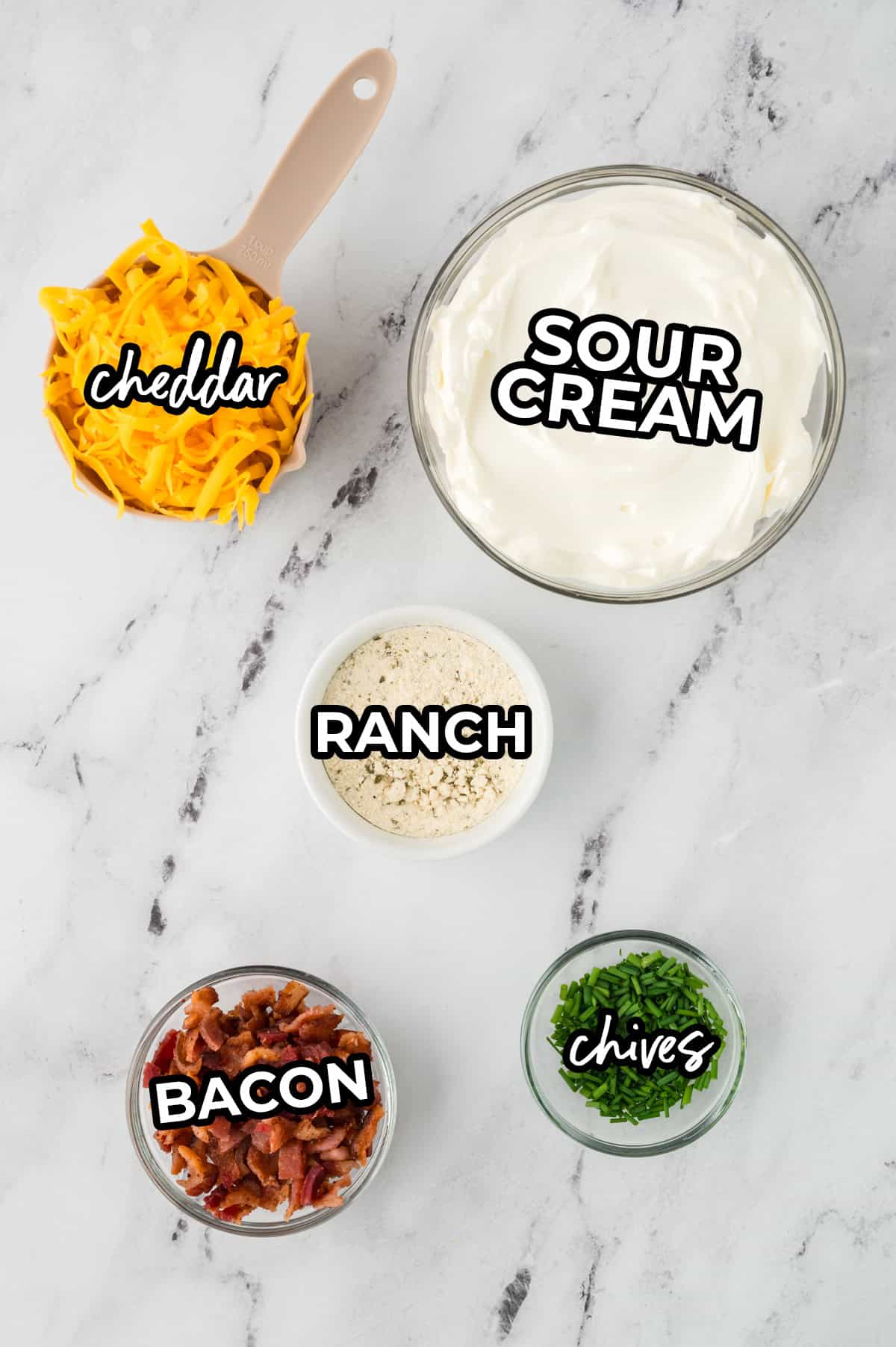 Ingredients for bacon cheddar ranch dip recipe.