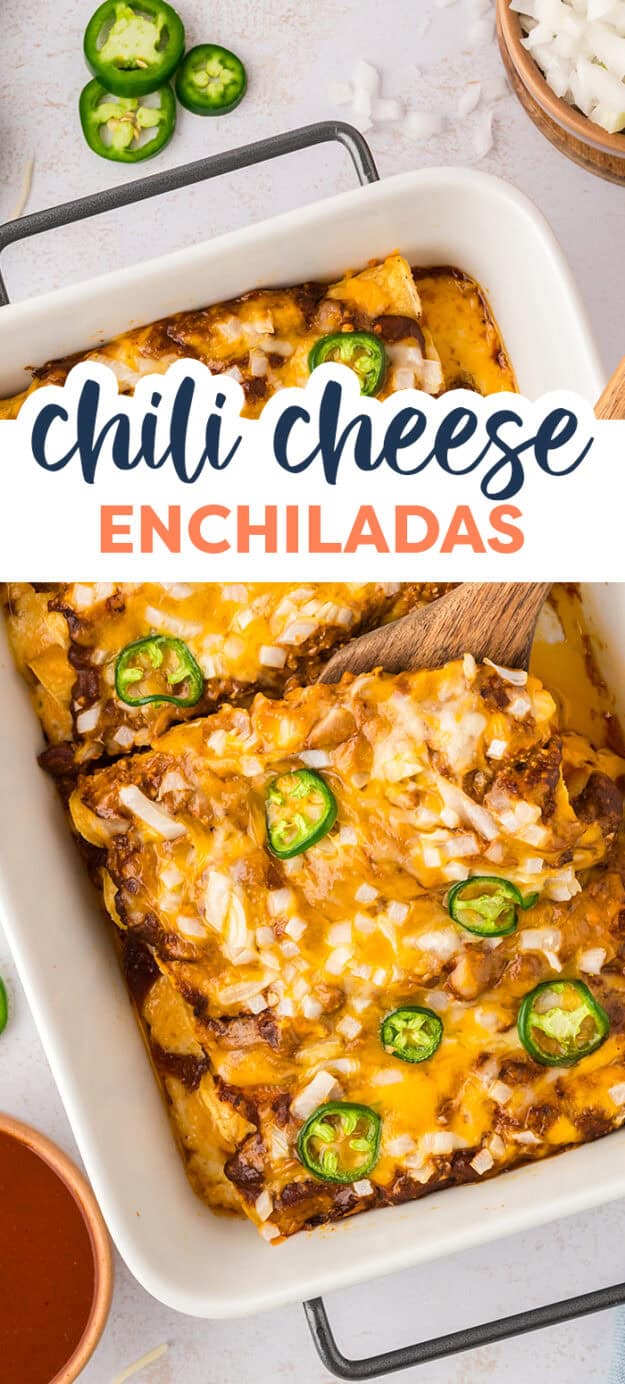 Chili cheese enchiladas in baking dish.