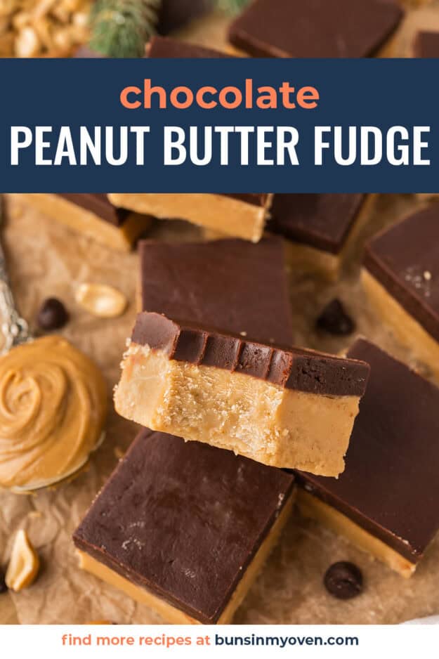 Piece of chocolate peanut butter fudge with a bite taken out of it.