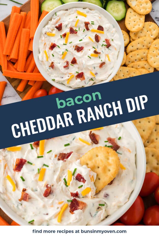 Collage of bacon cheddar ranch dip images.