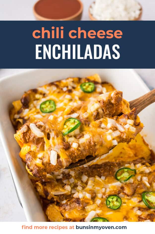 Cheese enchiladas topped with chili in baking dish.