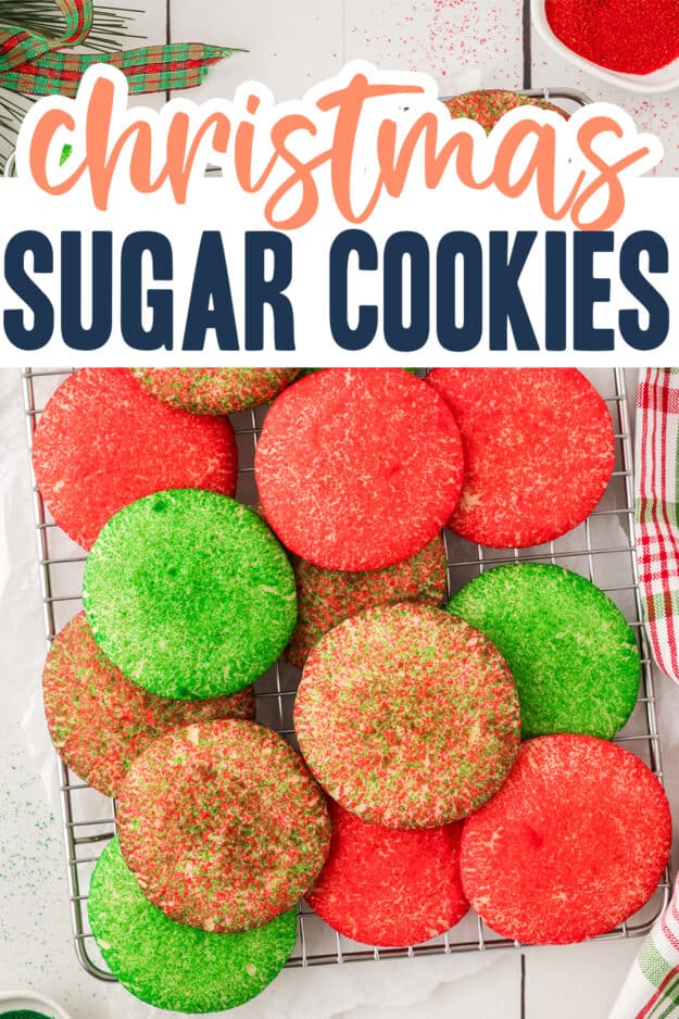 REd and green sugar cookies on cooling rack.