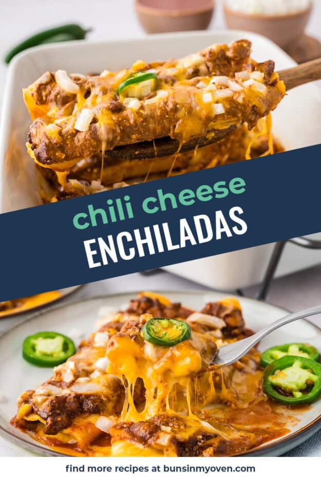 Collage of chili cheese enchilada images.