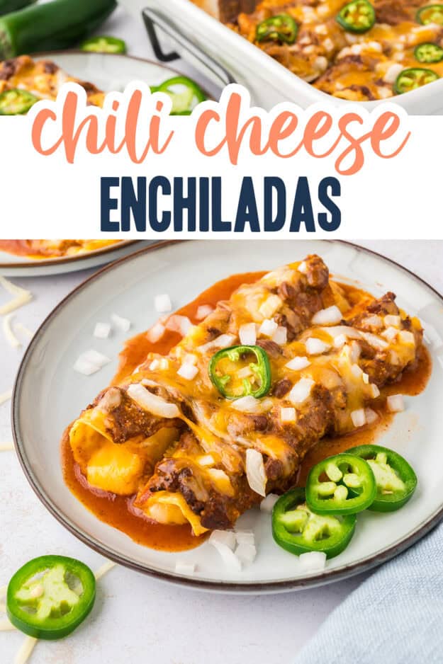 Plate full of cheese enchiladas topped with chili.