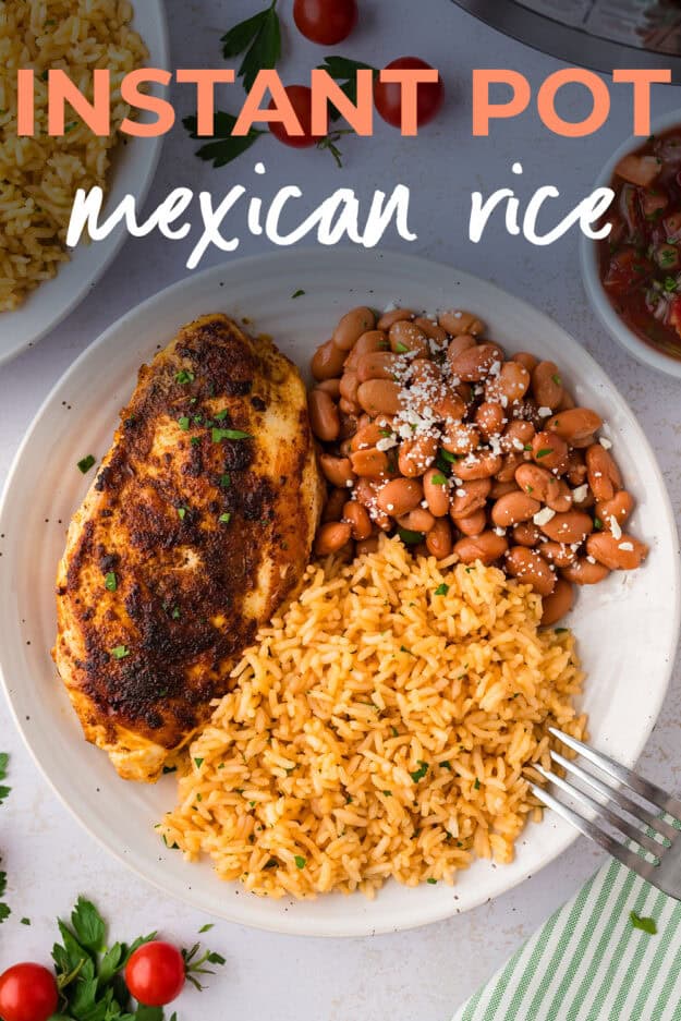 Plate full of Mexican rice, beans, and grilled chicken.