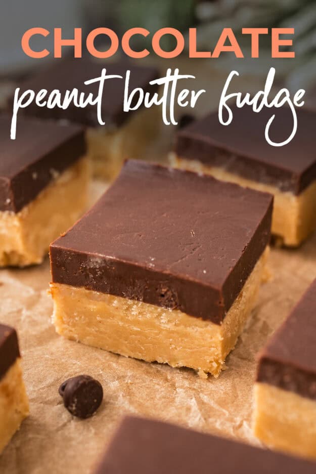 Chocolate peanut butter fudge on parchment paper.