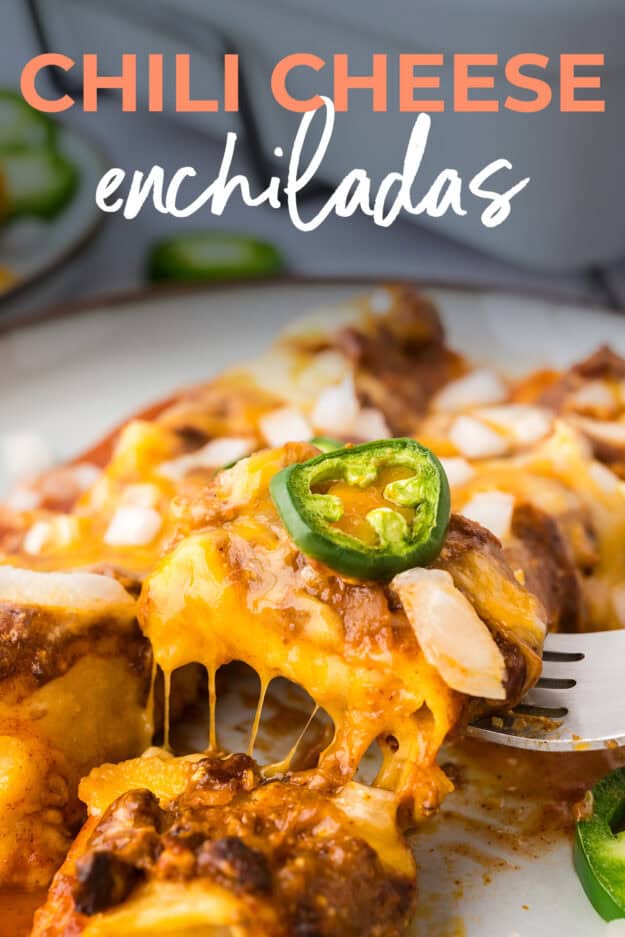 Chili cheese enchiladas on fork.