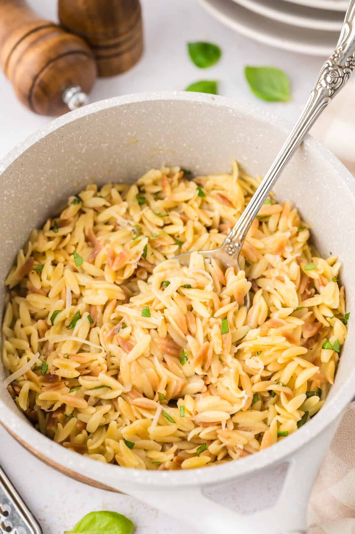 Pot full of Parmesan orzo.