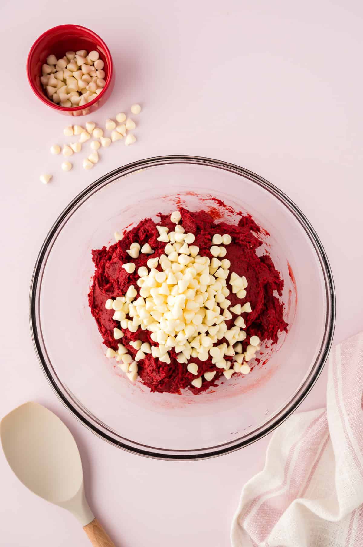 Red velvet cake mix cookies mixed with white chocolate chips.