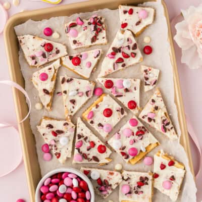 Valentine's Cracker Toffee in sheet pan.