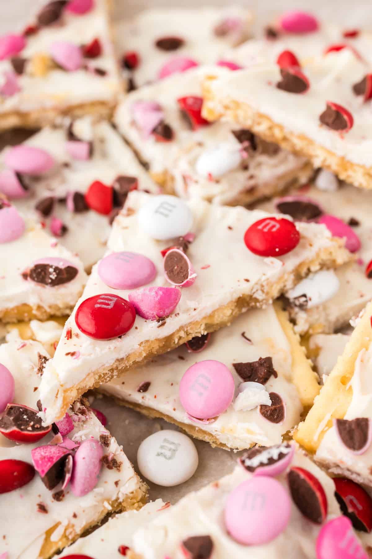 Valentine's Day cracker toffee stacked together.