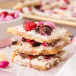 Valentine's Cracker toffee stacked on top of each other.