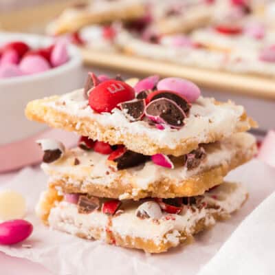 Valentine's Cracker toffee stacked on top of each other.