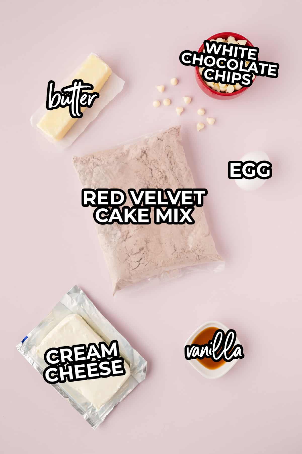 Ingredients for red velvet cake mix cookies.