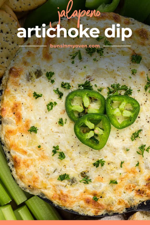 Jalapeno artichoke dip in cast iron skillet.