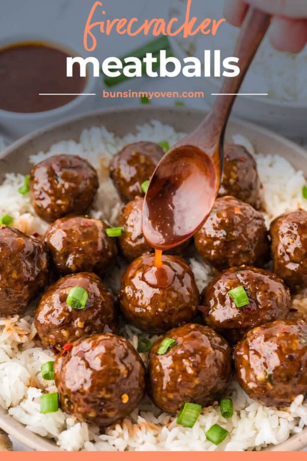 Firecracker sauce being drizzled over meatballs.