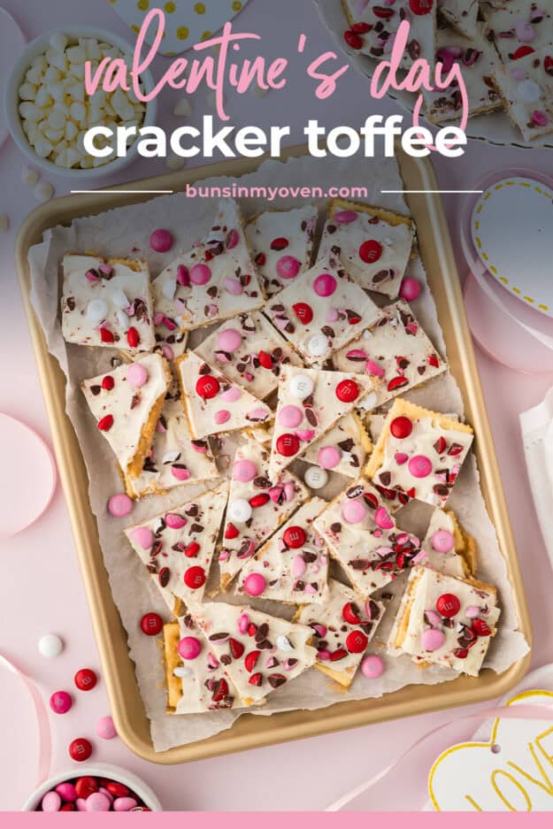 Valentine's saltine cracker toffee on pan.