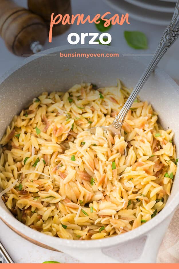 Pot full of parmesan basil orzo.