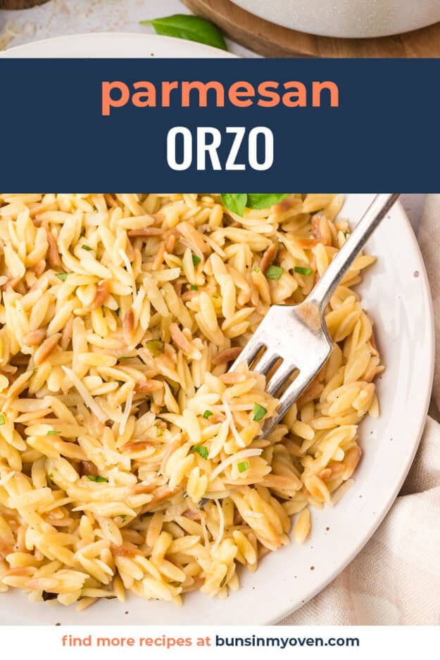 Cheesy orzo recipe on plate.