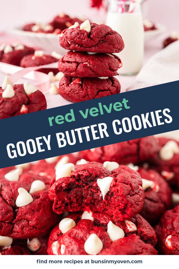 Collage of red velvet cake cookie images.