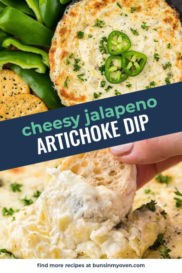 Collage of artichoke jalapeno dip images.