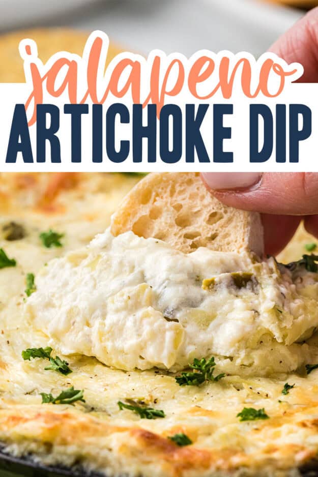 Slice of bread being dipped in jalapeno artichoke dip.