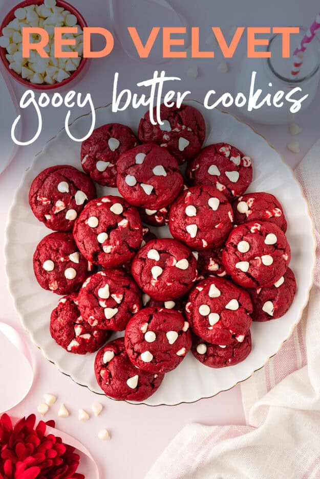 Plate full of red velvet cookies.