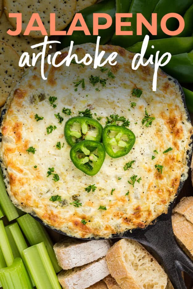 Jalapeno artichoke dip in cast iron skillet.