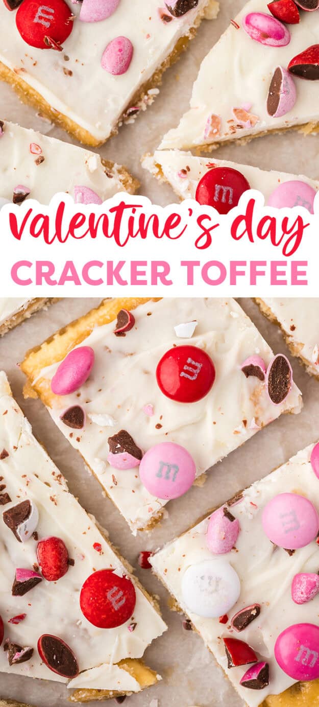 Valentine's Day cracker toffee with text for Pinterest.